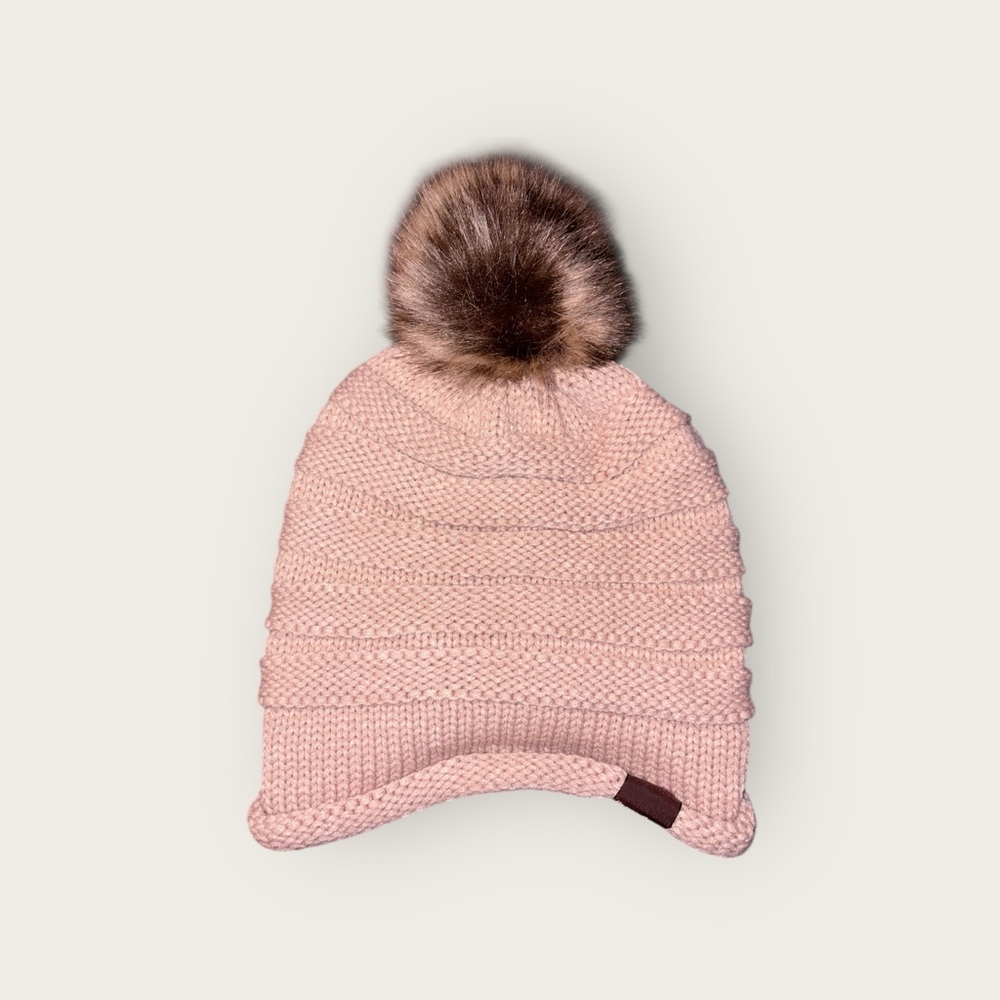 Pink Knit Beanie with Faux Fur Pom NWOT